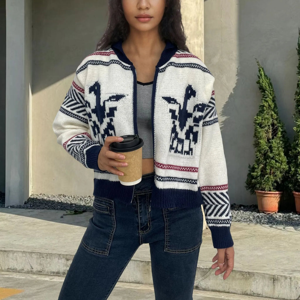 White women's zip-up cardigan with a lapel collar and a jacquard contrast stripe pattern.