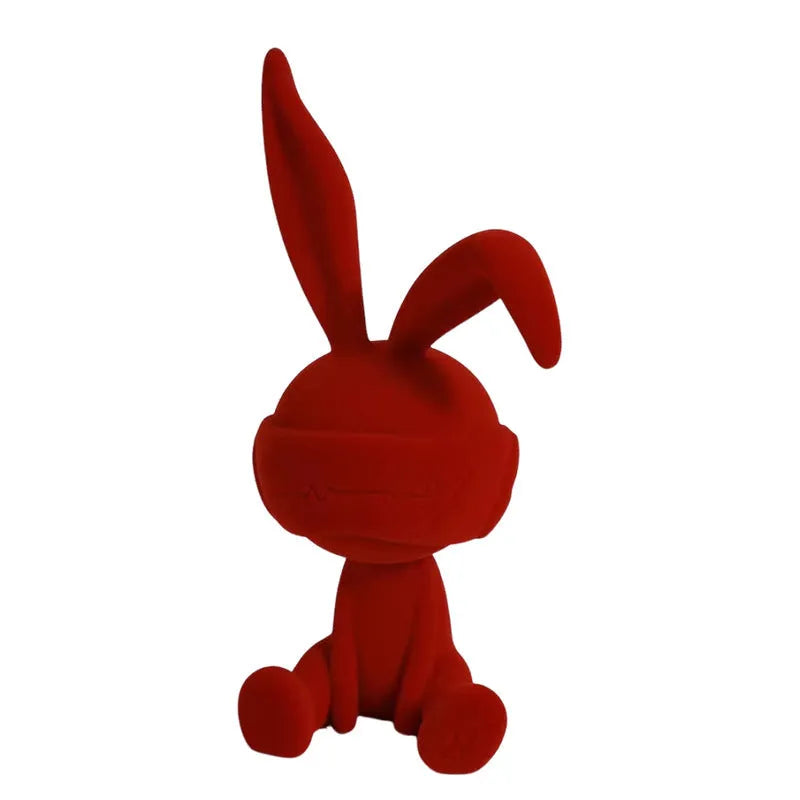 Suede blindfold rabbit resin table ornament in blue, green, or red colour.