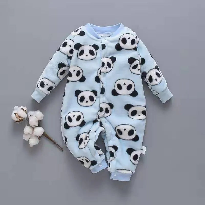 Long sleeve baby onesie romper in thicker flannel fabric with panda print design