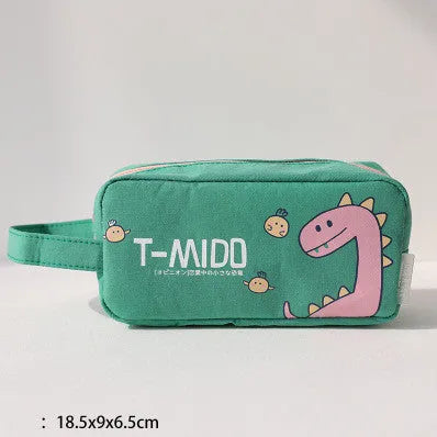 Cartoon dinosaur stationery bag in cotton cloth, inverted trapezoid shape, 18.5x9 cm, blue colour