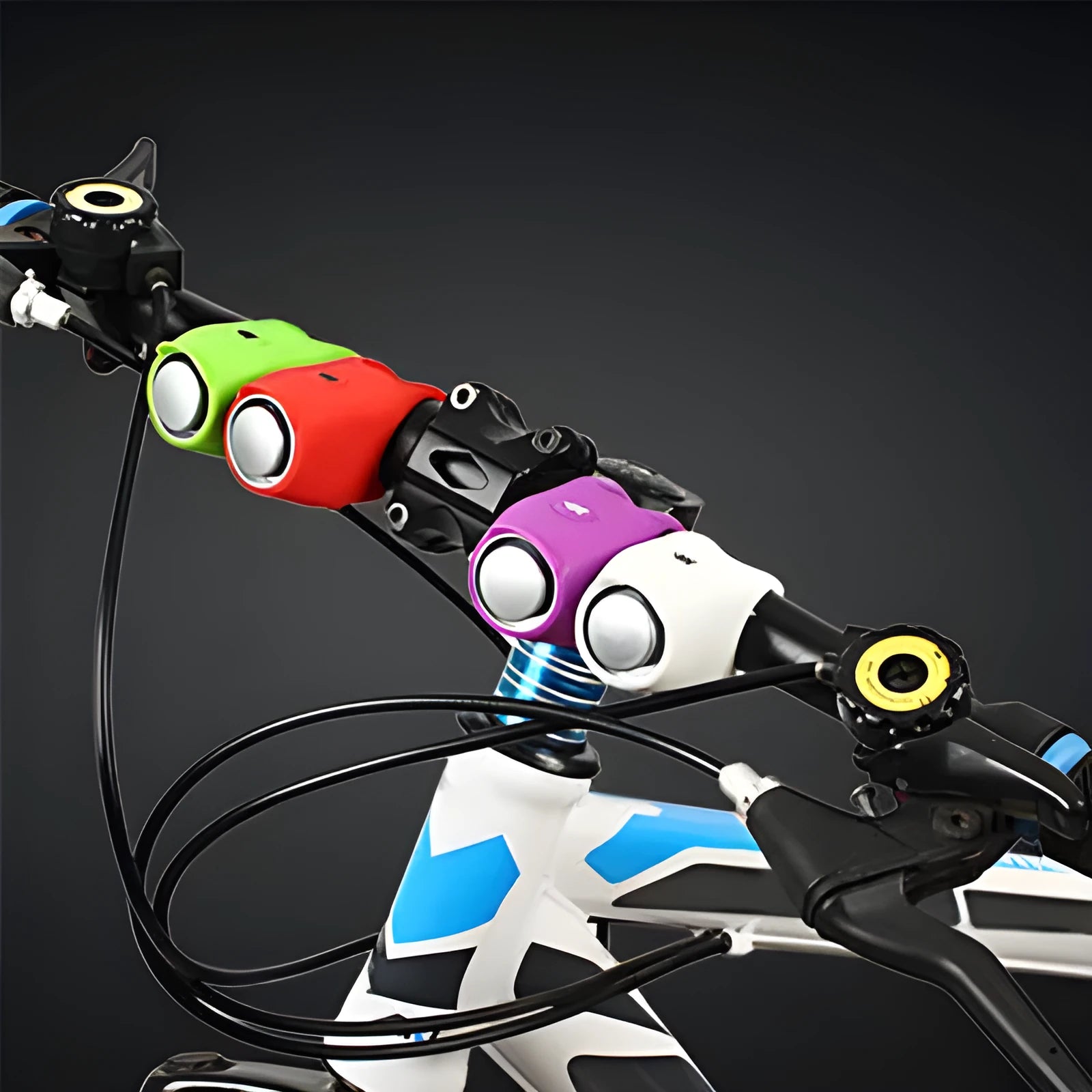 Bicycle electronic bell with silicone mount, 120dB, 6 sound modes, IPX4 waterproof, in violet colour on handlebar