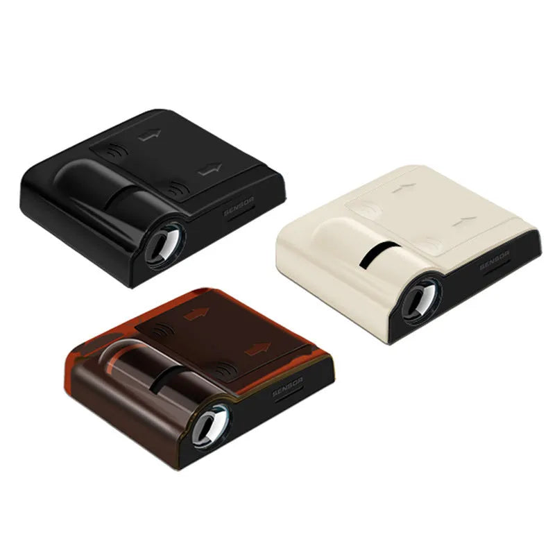 Beige and black ABS plastic universal car door projection lamp showing scale at 6.5cm long.