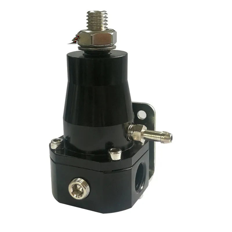 Black CNC aluminium fuel pressure regulator with adjustable 30-70psi range for universal vehicle applications