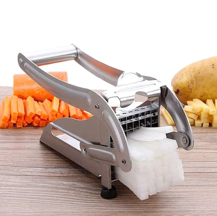 Potato cutter kitchen gadget with two stainless steel blades and non-slip rubber foot