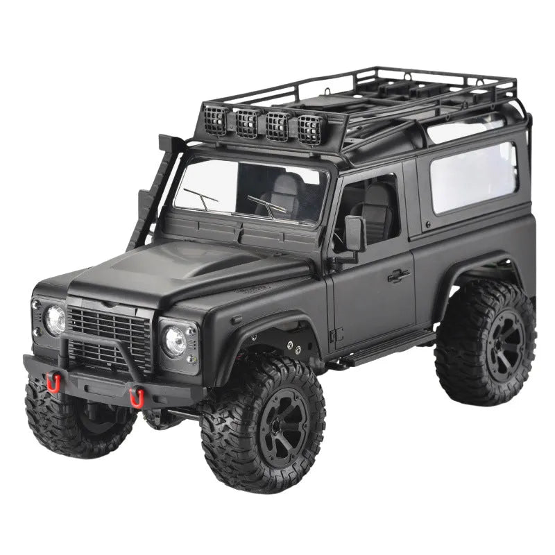 Four-wheel drive off-road RC car with controllable headlight, black, plastic body, with controller and camera on display
