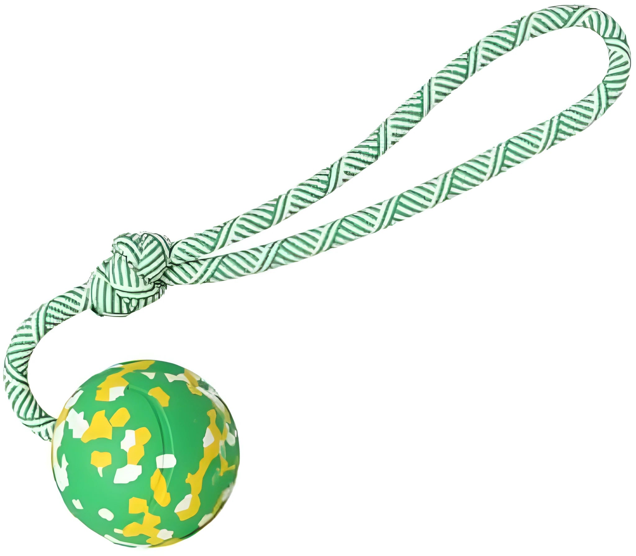 Natural rubber dog ball attached to a blue nylon rope for fetch and tug games
