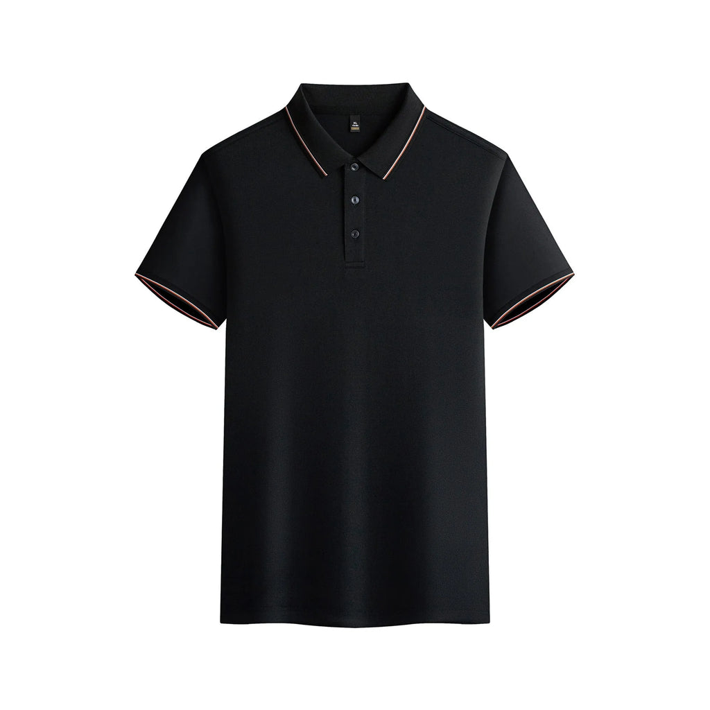 Men's solid colour short-sleeved polo shirt on a hanger, showing navy blue and bean green colour options.
