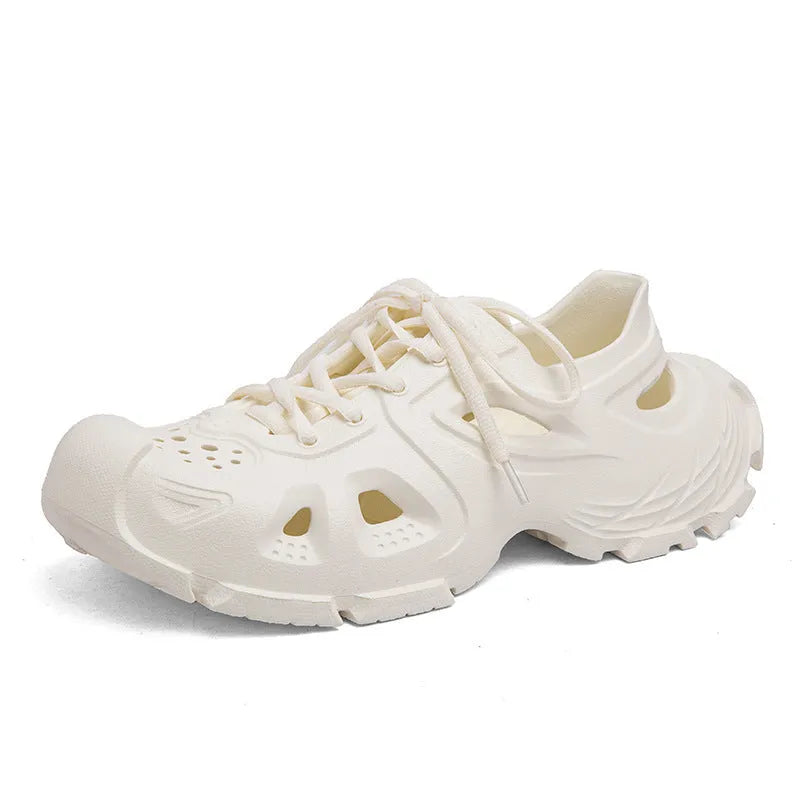 Men's lace-up outdoor sandals in black with round toe design and front adjustment laces