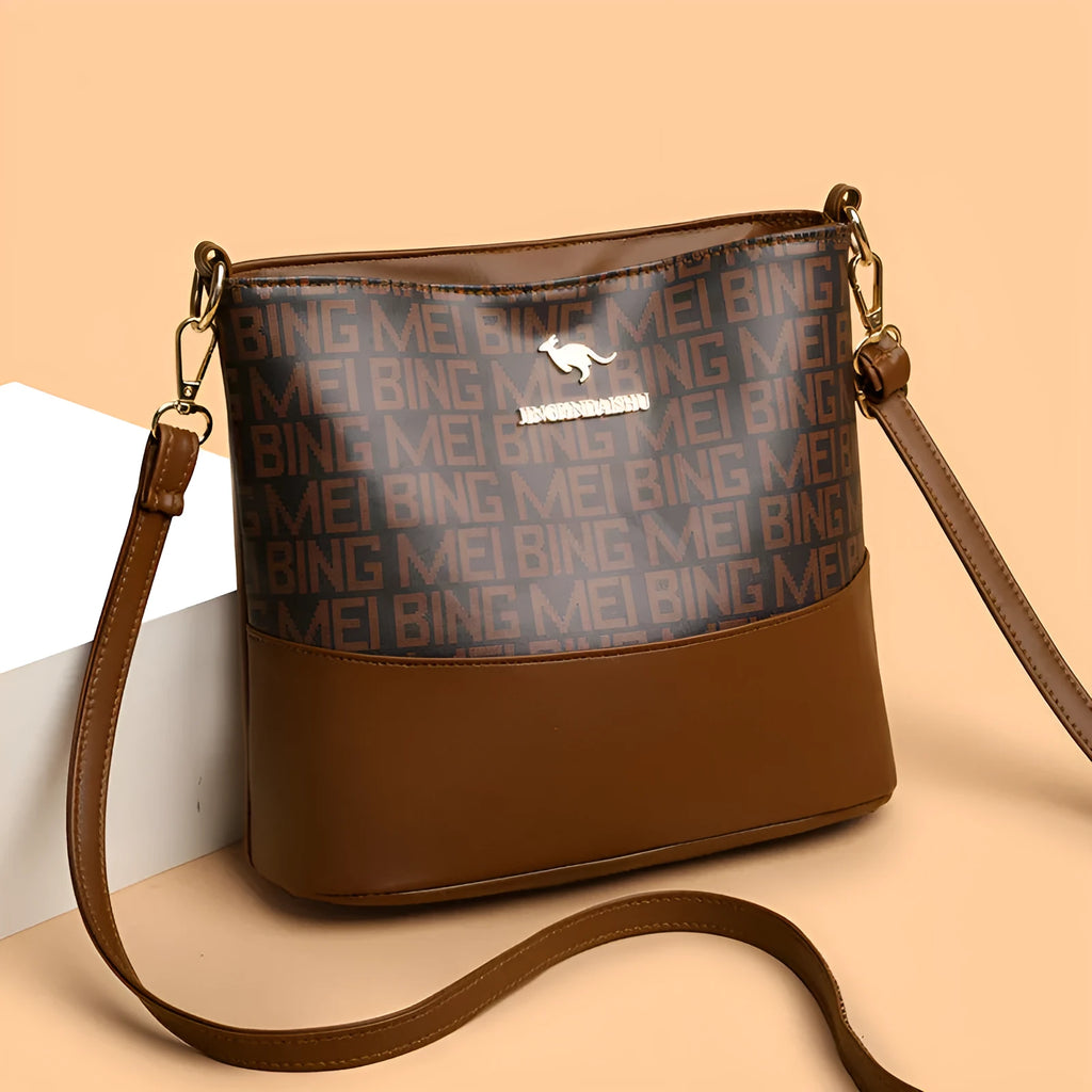 Brown retro soft leather messenger bag with three-dimensional pocket and horizontal square shape