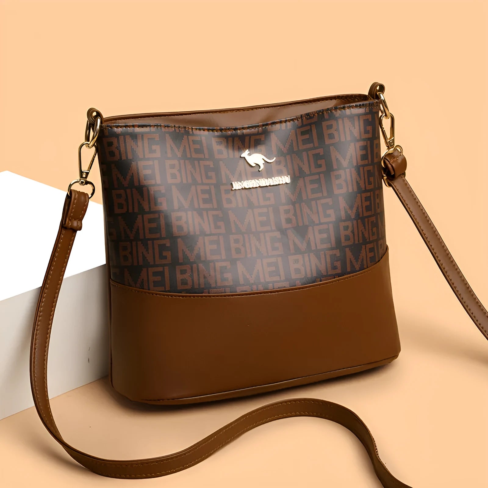 Brown retro soft leather messenger bag with three-dimensional pocket and horizontal square shape