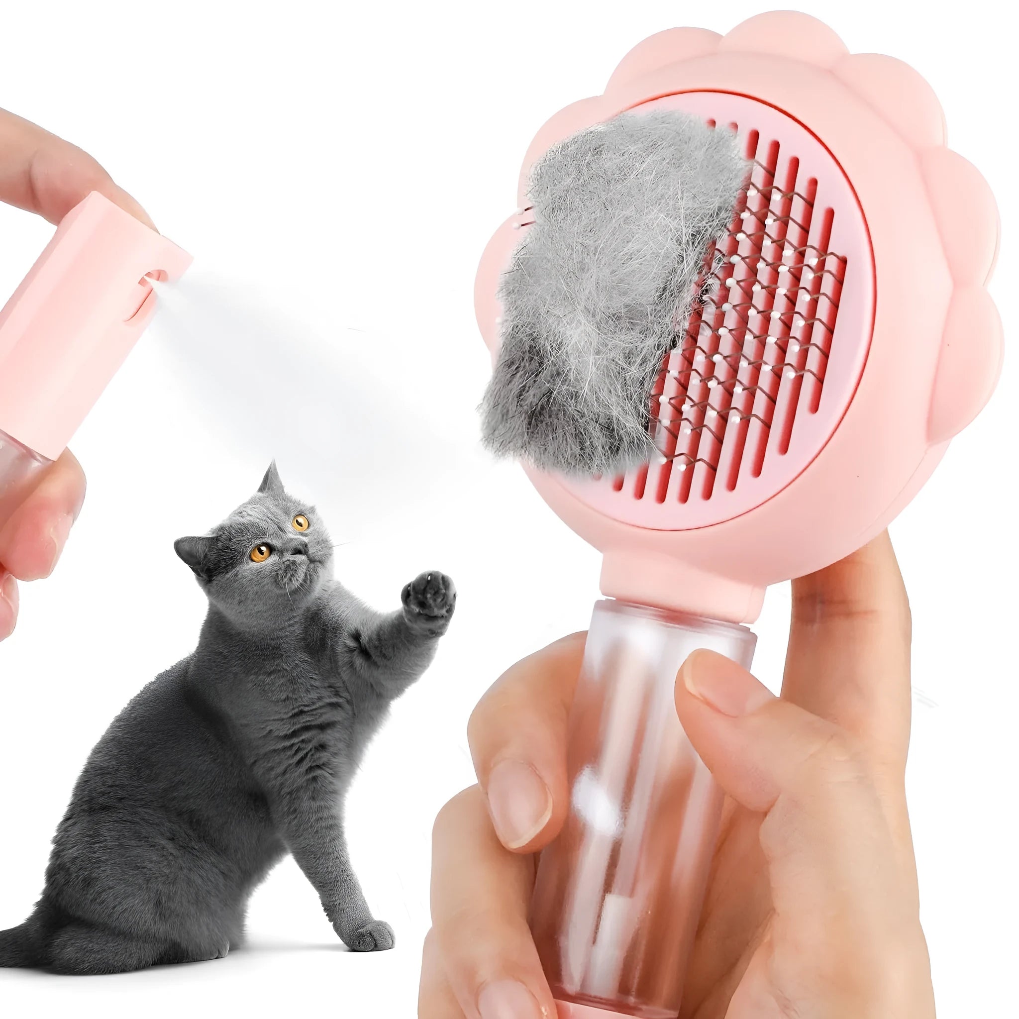 Grey spray cat brush with release button for grooming dogs and cats.