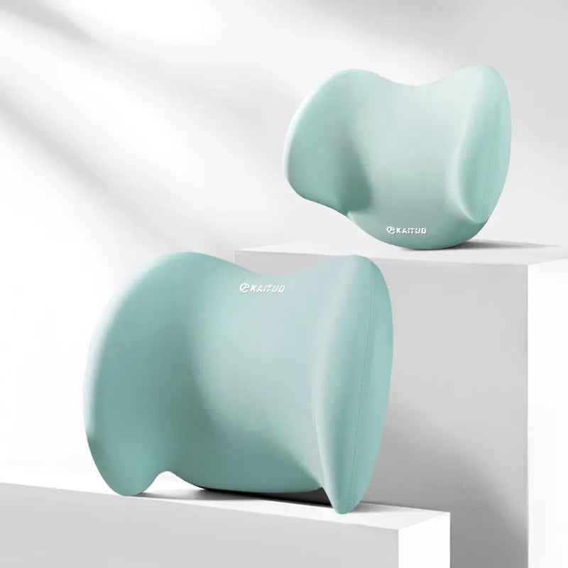 Automotive memory foam support pillow with geometric pattern in cotton fabric, showing headrest and lumbar components