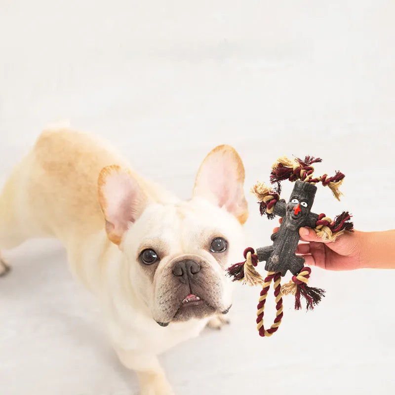 Large dog tooth grinding toy with rubber rope, TPR knot, log shape, and rope ball