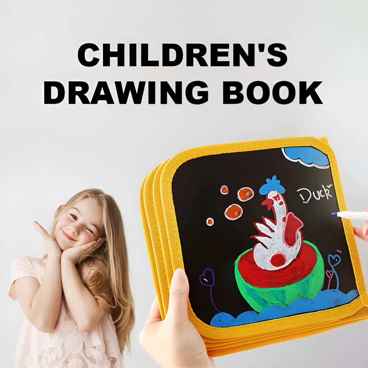 Children's portable drawing book with 12 watercolour pens and 2 wet wipes, non-toxic PVC, six pages, waterproof cover