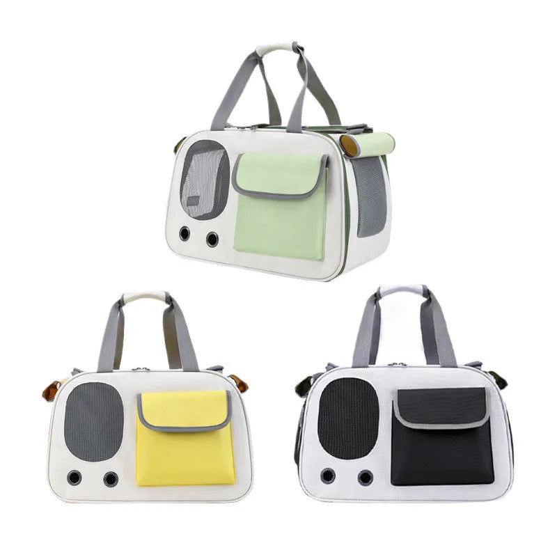 Canvas pet shoulder bag folded showing black, green and yellow colour options