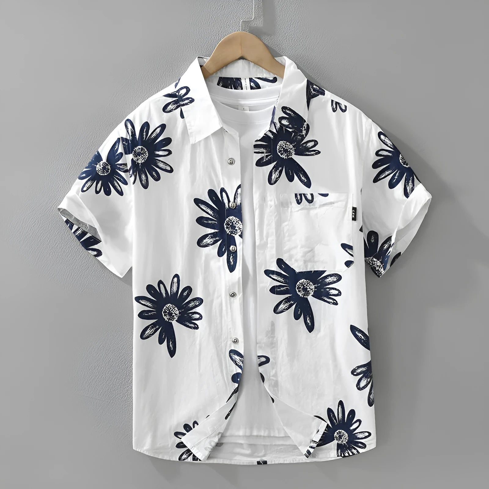 Japanese printed short sleeve shirt in cotton blend fabric showing loose cardigan style