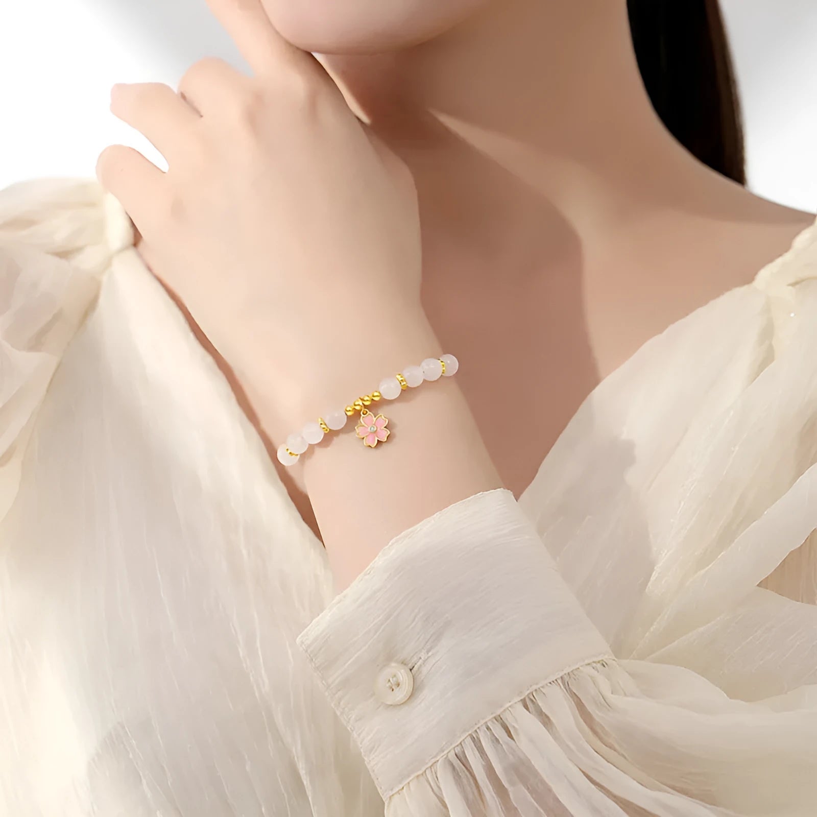 Pink S925 silver bracelet with gradient epoxy cherry blossom pendant and Hetian jade beads