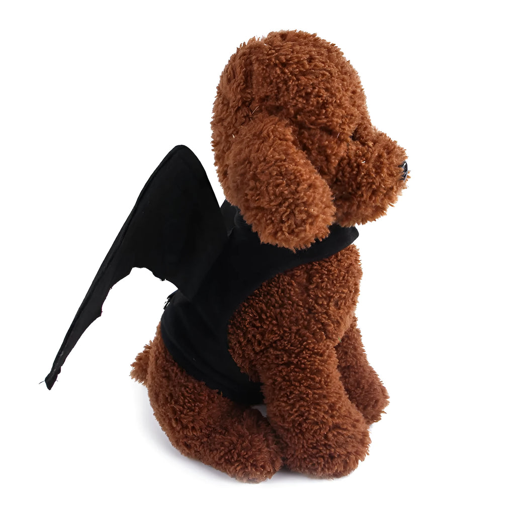 Black cloth bat wing pet costume on a dog or cat with 3D foldable wings and bat bell