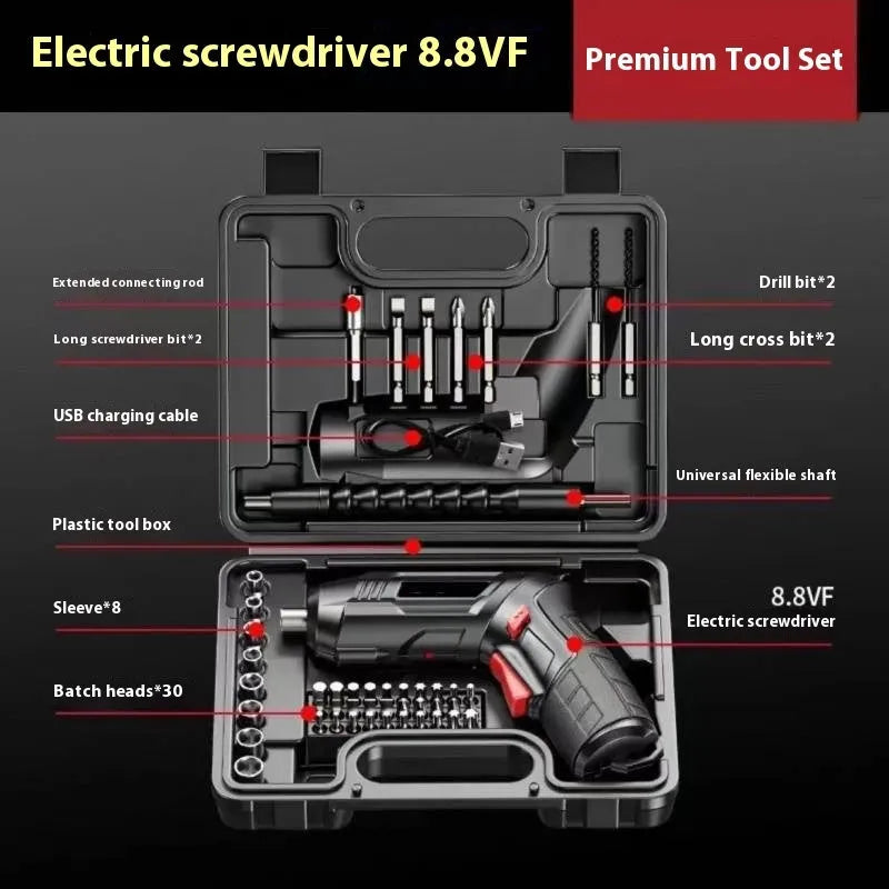 Compact lithium battery electric screwdriver with small gun design and included tool bag.