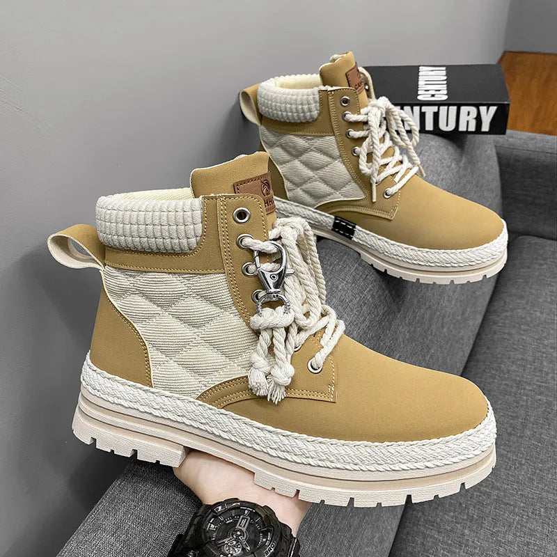 High-top platform Martin boots for students, animal pattern, pointed toe, beige colour
