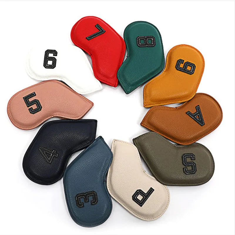 Set of 10 assorted colour digitally printed PU golf club head covers for drivers and irons.
