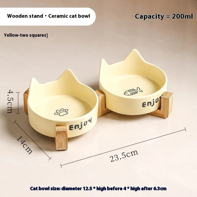 Ceramic cat bowl set with wooden anti-slip frame in cat paw design
