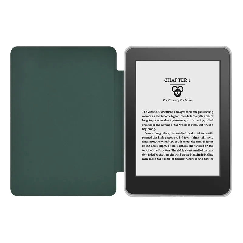 Magnetic acrylic imitation leather flip cover for Kindle Paperwhite in black colour, open showing inner device slot