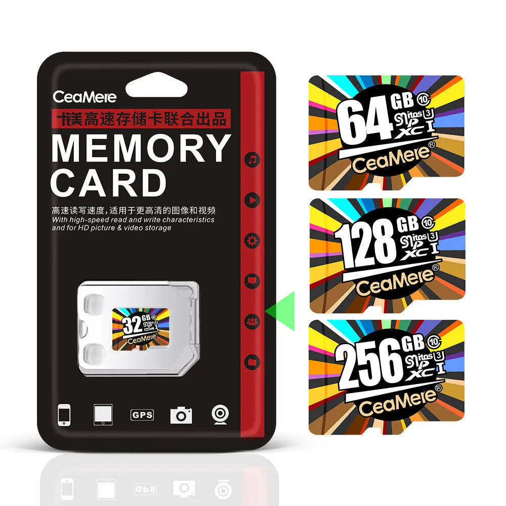 Class 10 TF memory card for mobile phone monitoring, available in 8GB to 256GB capacities