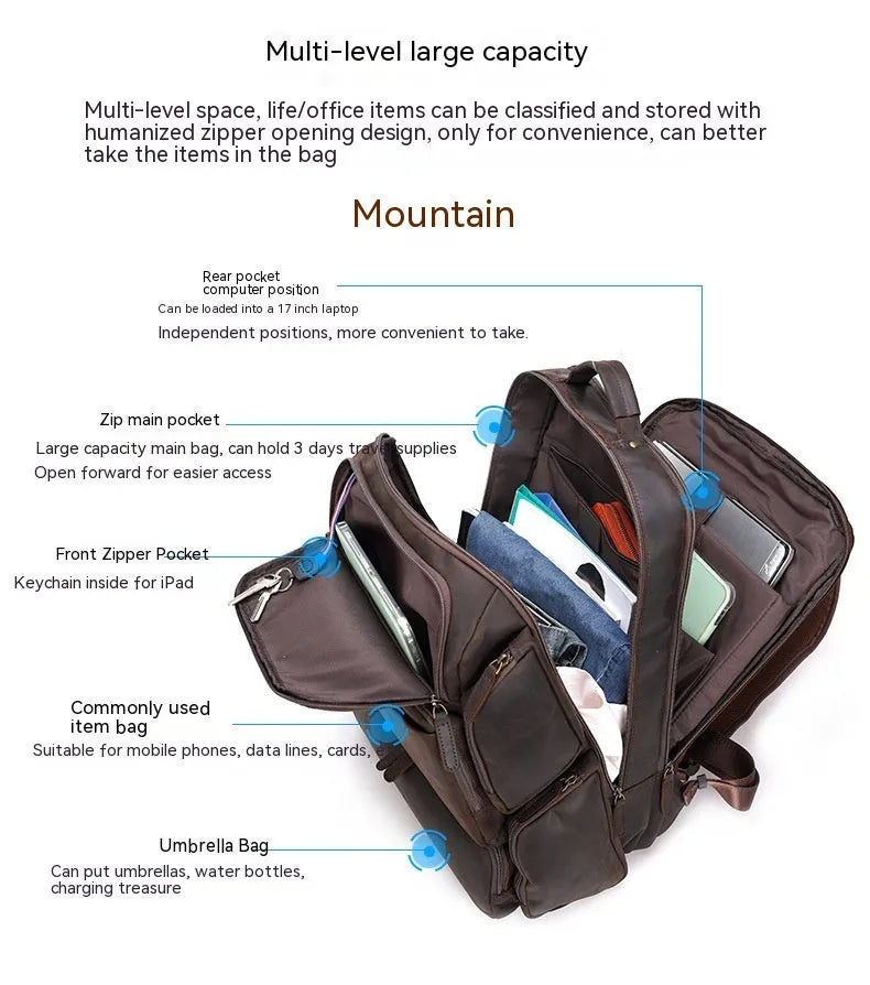 Dark brown men's leather backpack open to show internal compartments for a 17-inch laptop and organisation pockets.