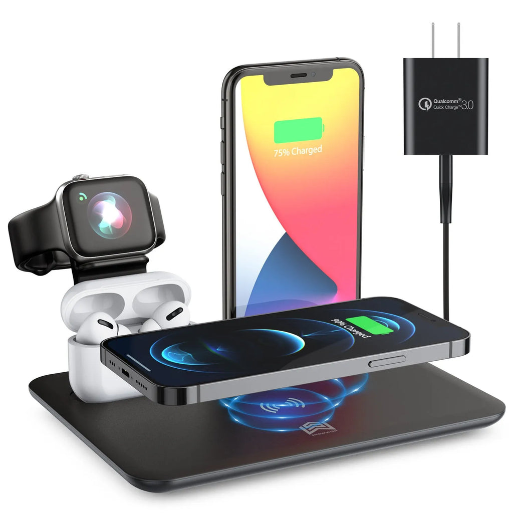 Black and white wireless charging desk stand holding a phone, smartwatch, and headphones.