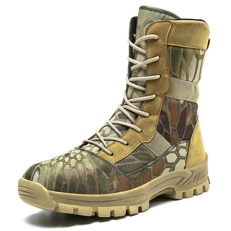 Men's black and camouflage high-top combat boots with mesh upper and totem detail