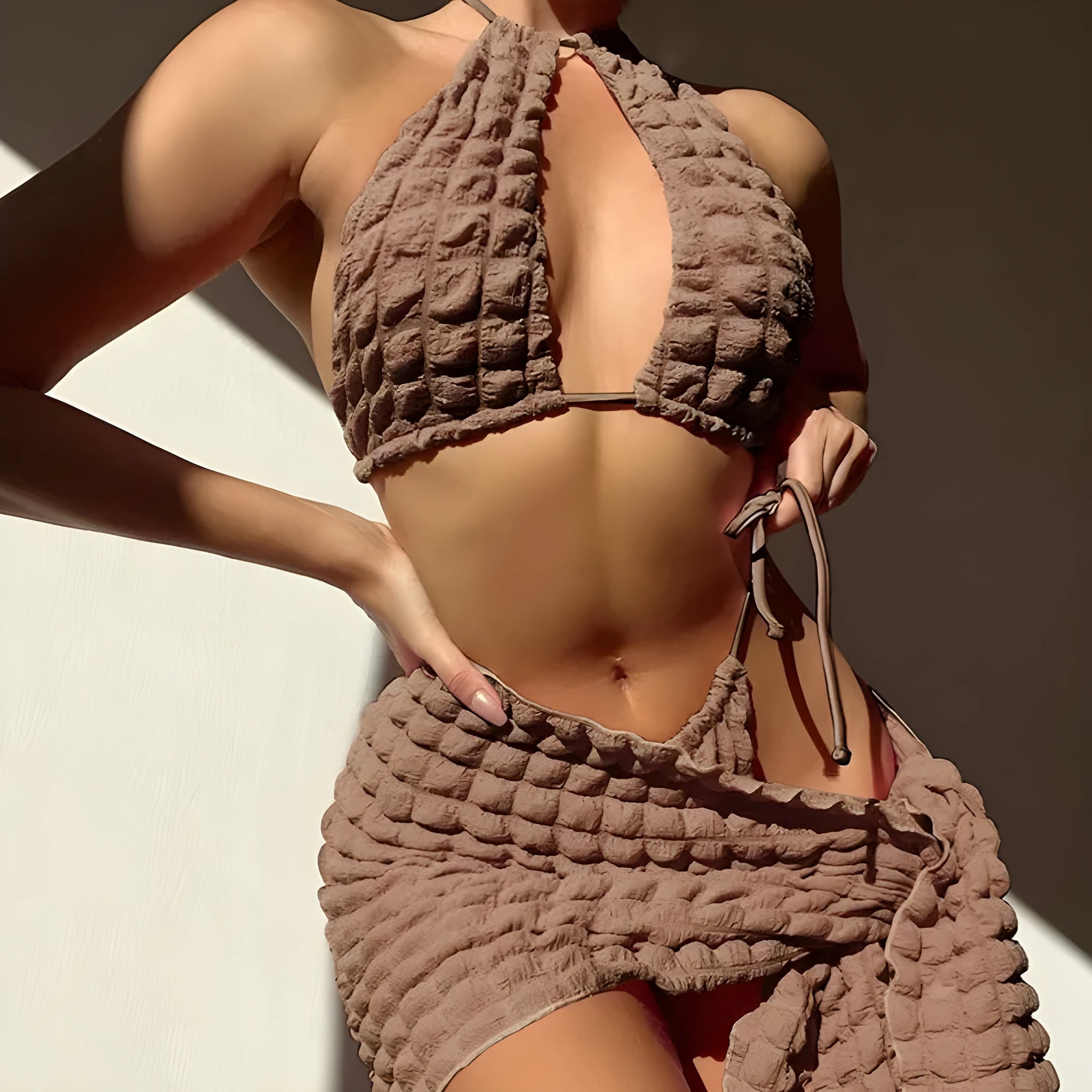 Brown seersucker women's lace-up three-piece bikini swimsuit with skirt