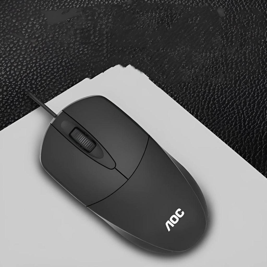 Black wired USB photoelectric mouse MS121 on a desk for home office or business use