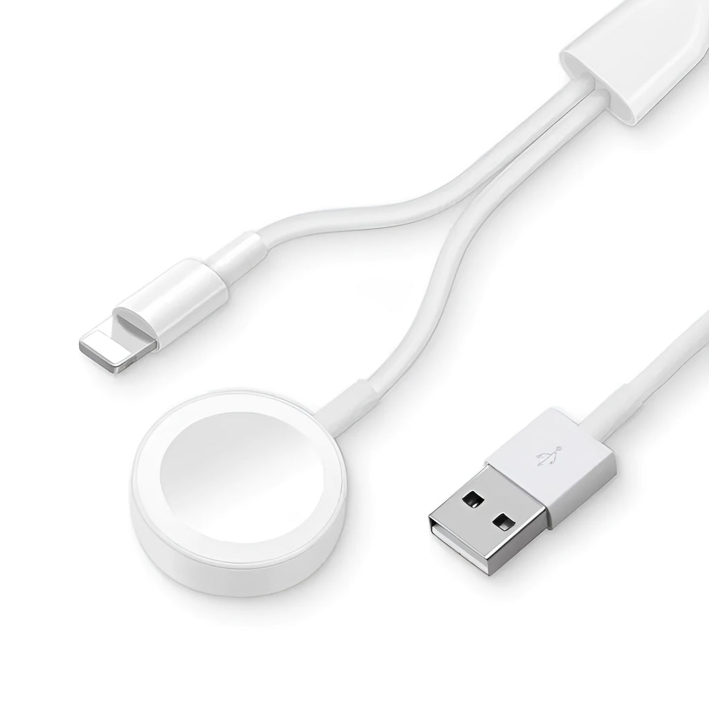 White two-in-one wireless charger for smartwatches with USB cable connection