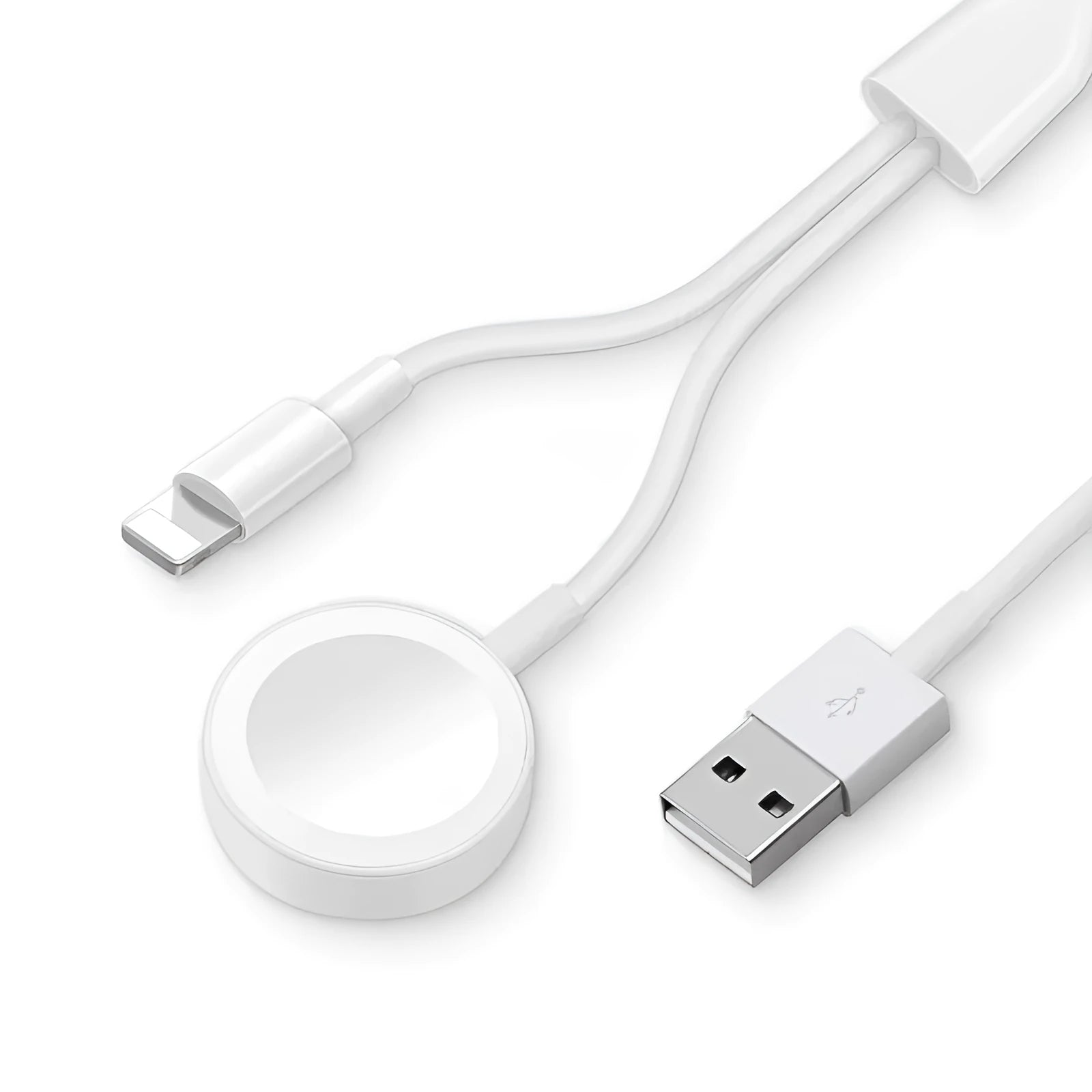 White two-in-one wireless charger for smartwatches with USB cable connection