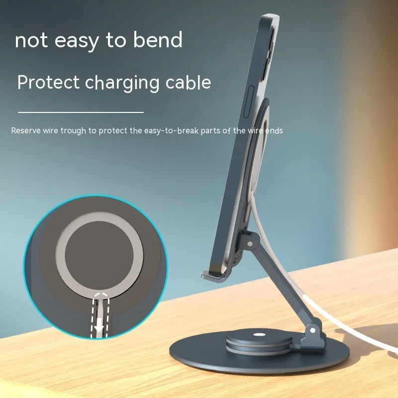 Desktop adjustable wireless charging stand with rotary arm in silver, alloy construction