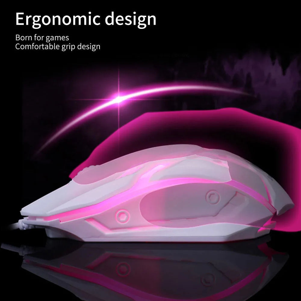 Black wired computer mouse with colourful glow lighting showing USB cable and three buttons