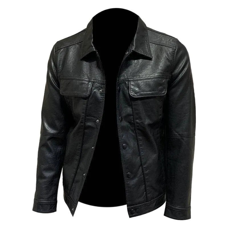 Front view of a black men's artificial leather biker jacket with loose fit, medium length, on a neutral background