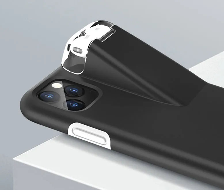 Black AirPods charging case cover with edge protection compatible with iPhone