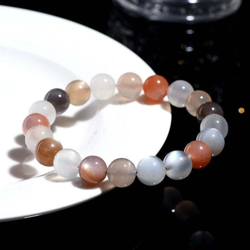 Natural moonstone bracelet with 8mm colourful beads on a single strand.
