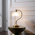 Gold copper and glass bedside lamp with fabric shade, 23cm diameter, 42cm height, on bedside table