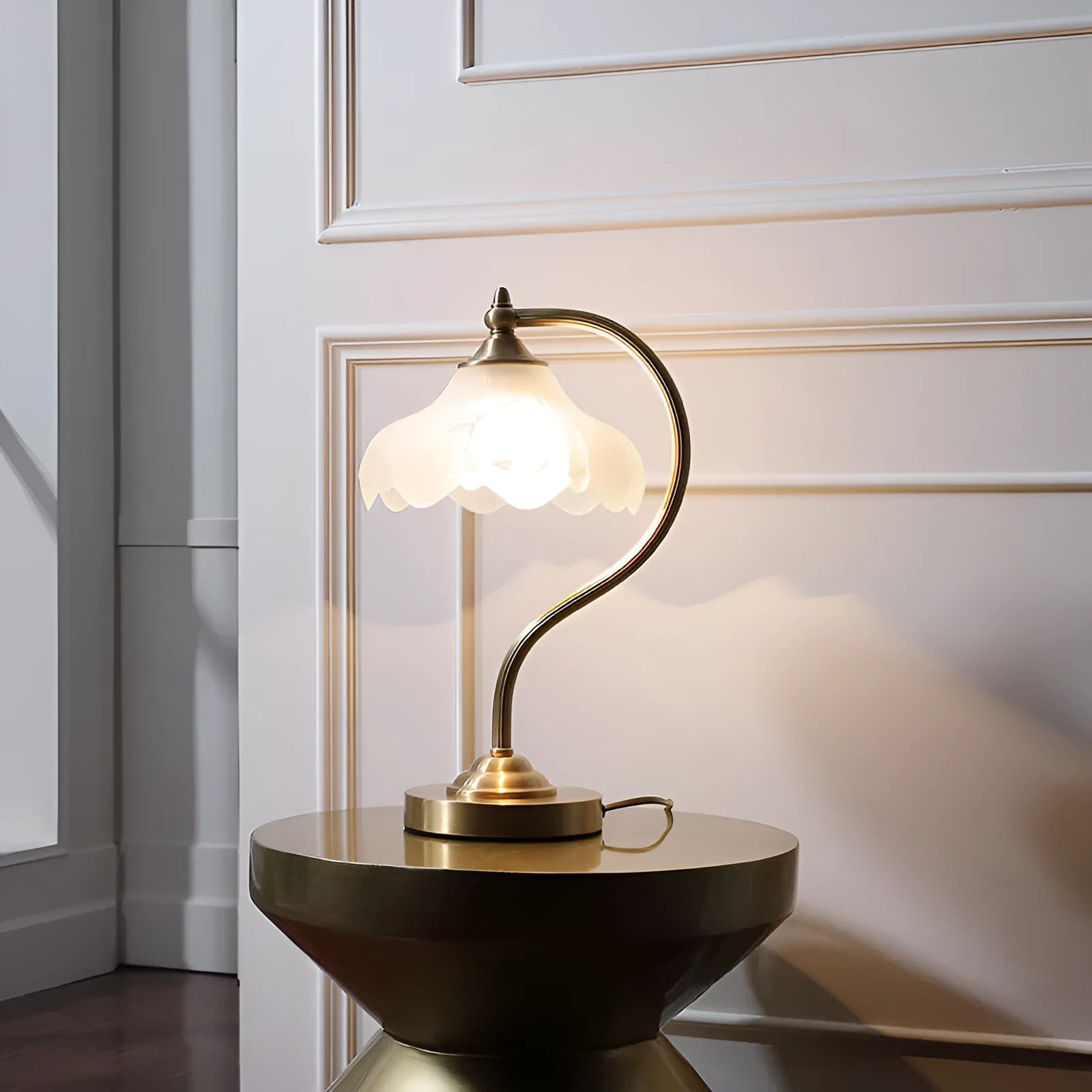 Gold copper and glass bedside lamp with fabric shade, 23cm diameter, 42cm height, on bedside table