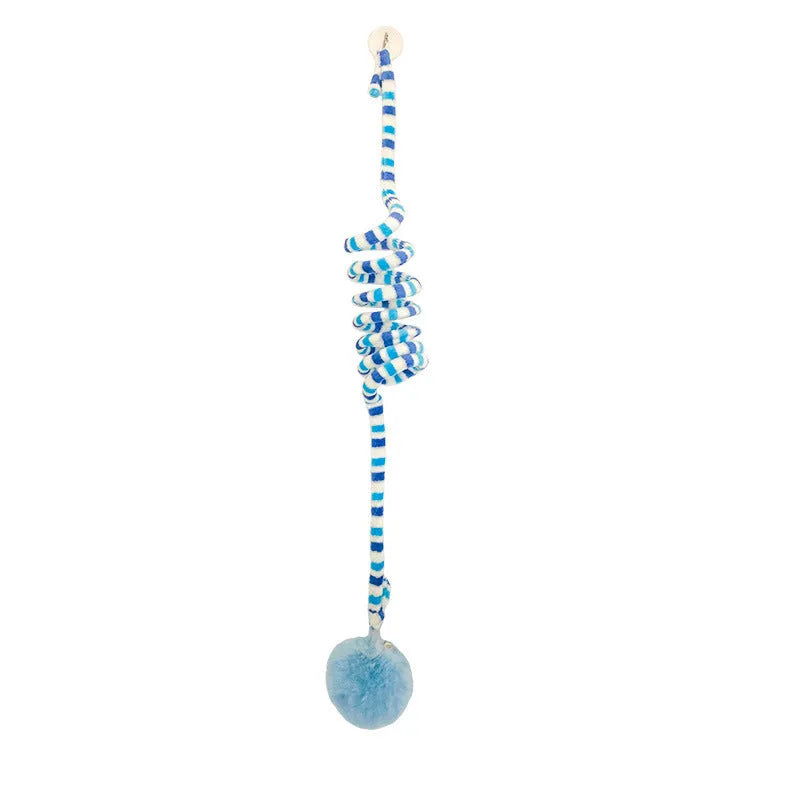 Hanging cat toy with coloured inflatable ball and suction cup attachment for doors and windows