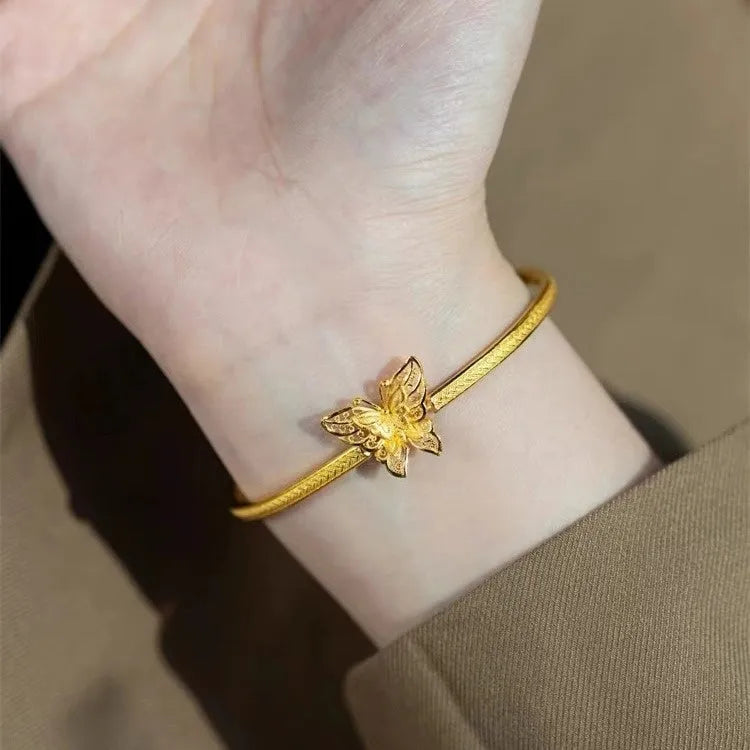 Women's copper half bracelet with ancient silk butterfly and hemp pattern, electroplated finish