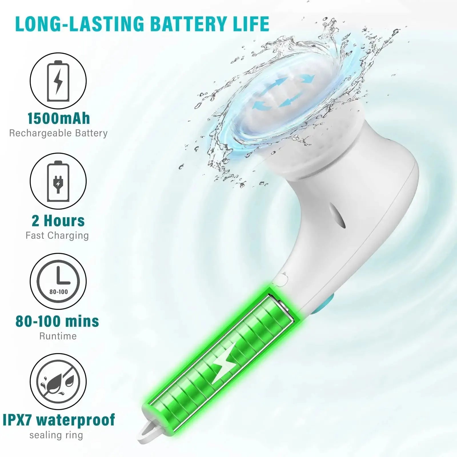 White USB rechargeable cordless electric cleaning brush with five different brush heads on a table.