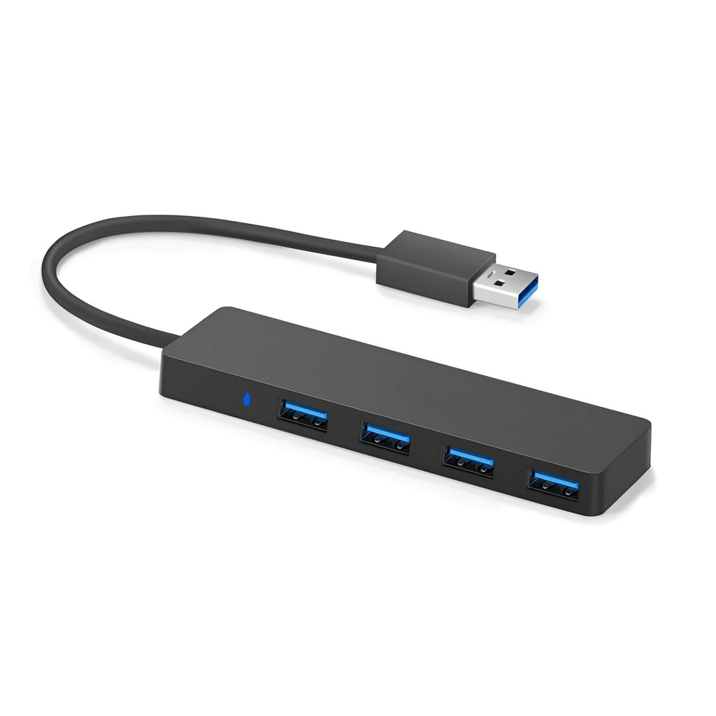 Black USB 3.0 hub with 4 Type-A ports and a 30cm connected cable on a desk.