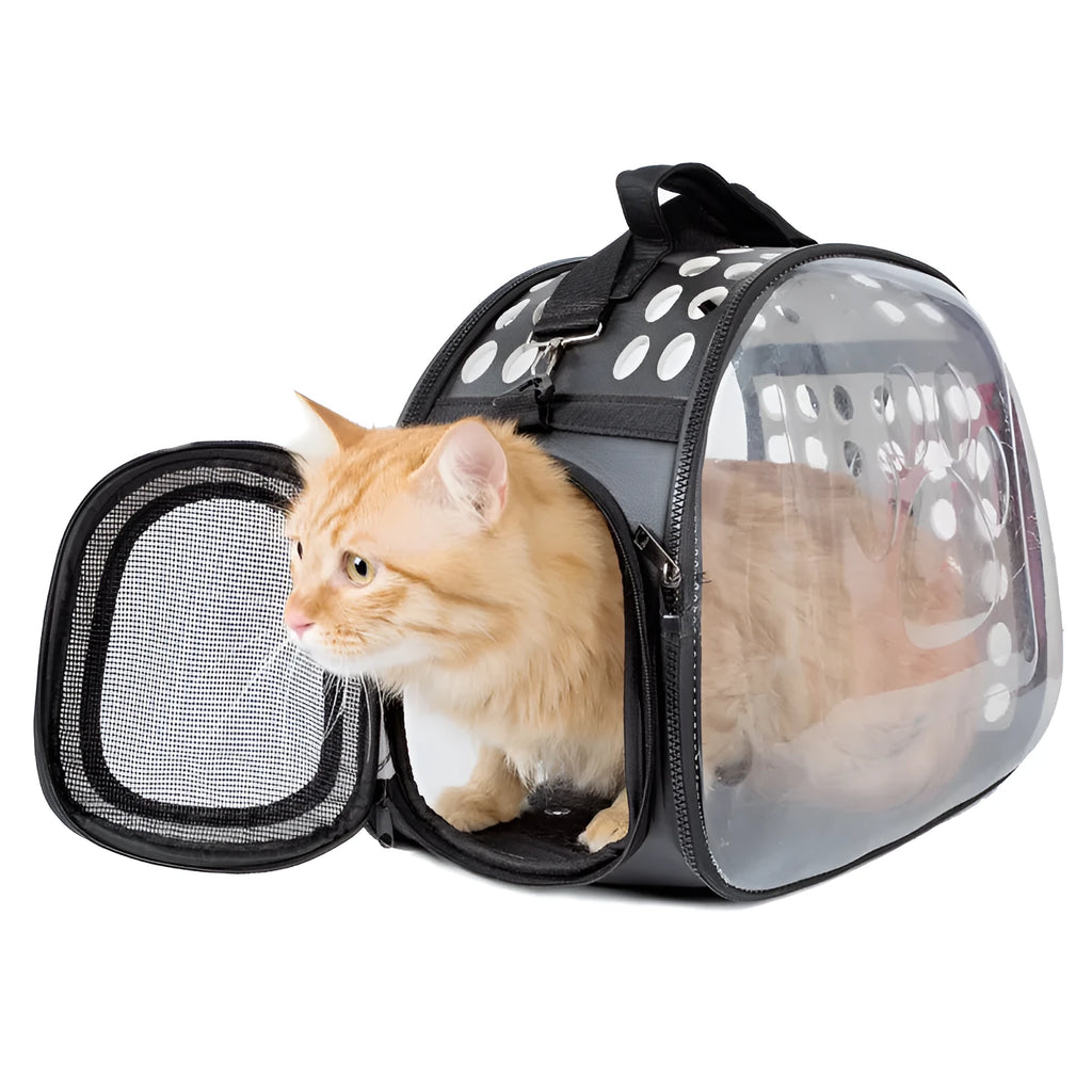 Portable breathable pet backpack with transparent acrylic panels, side vents, locking zipper, and ergonomic shoulder strap