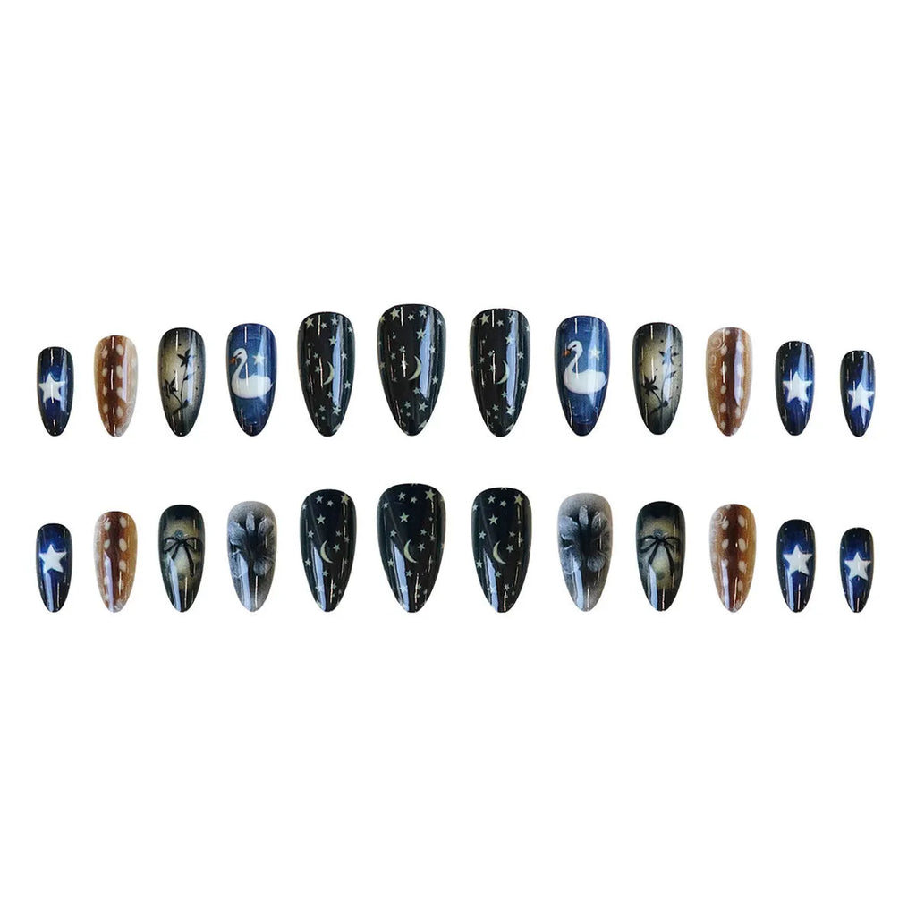 Women's French nail tip set with star moon swan bow flower pattern and glue