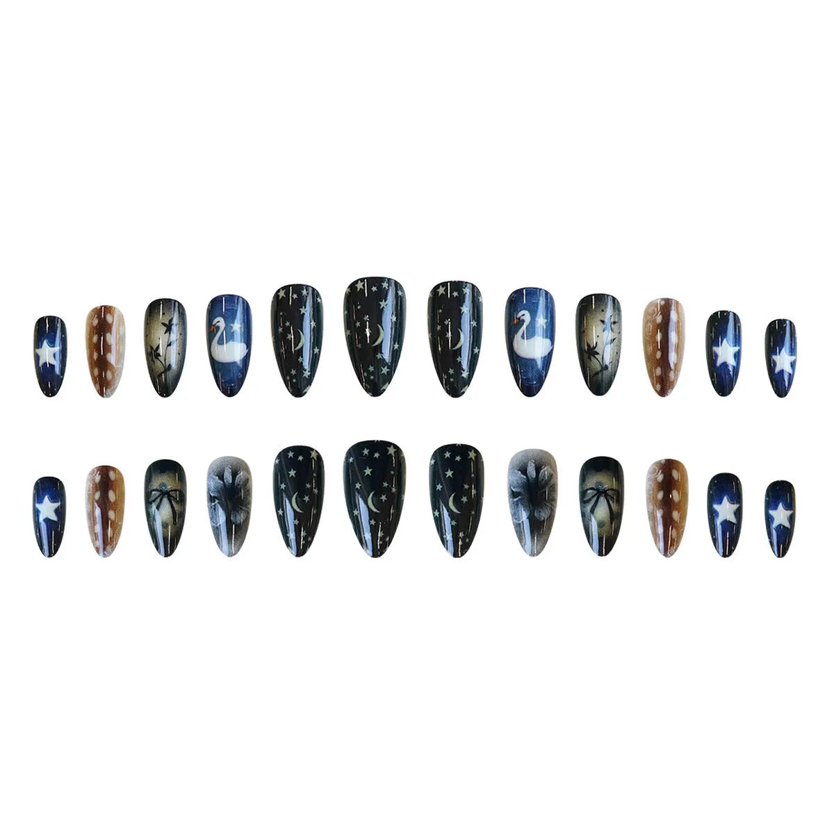 Women's French nail tip set with star moon swan bow flower pattern and glue