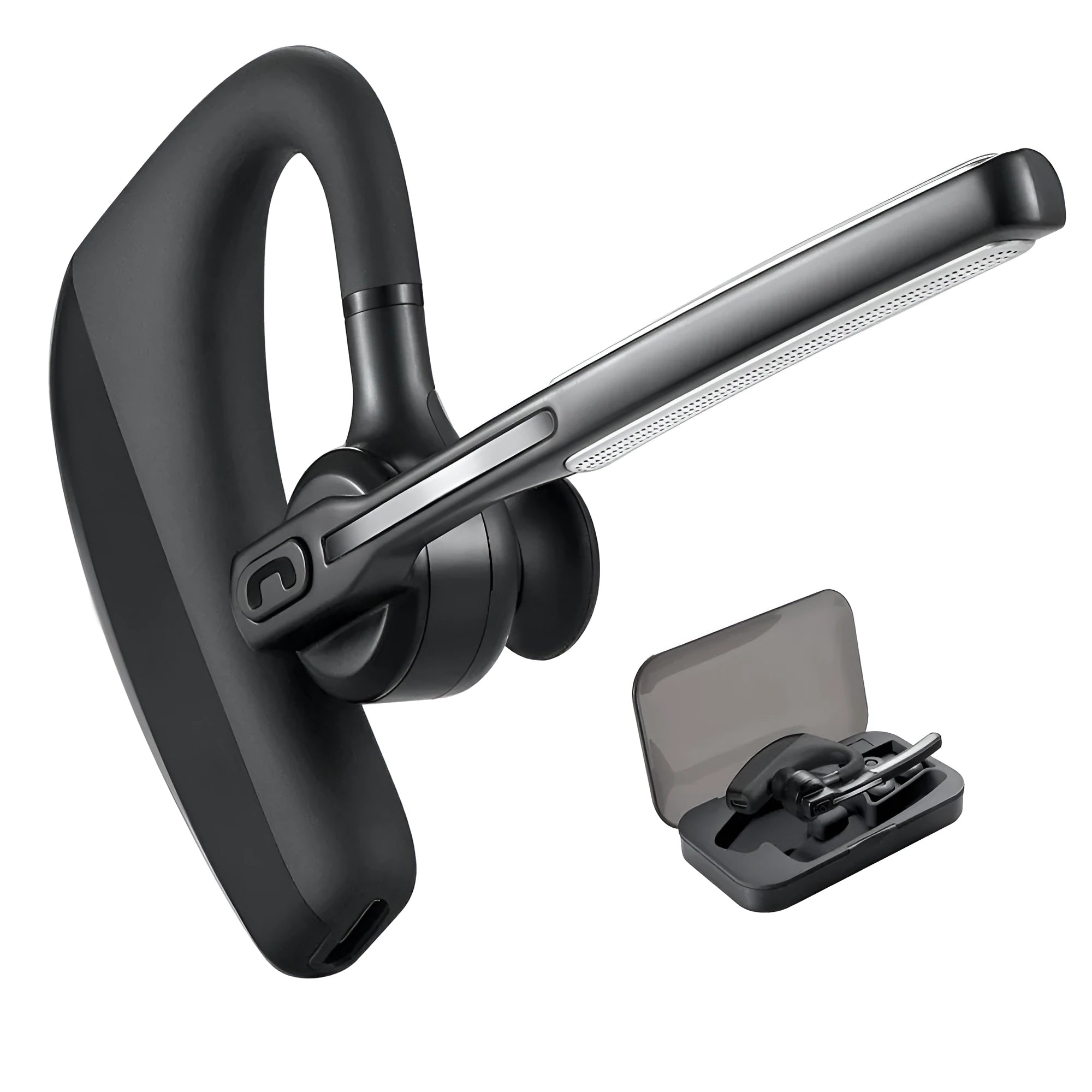 Black true wireless Bluetooth earbuds with a charging case on a white background.